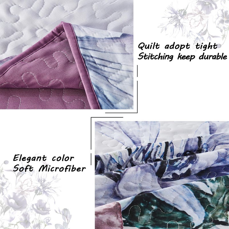 Yogeneg King Size Quilt Set  Elegant Floral Botanical Pattern Purple Bedding Set 3 Piece Lightweight Soft Summer Bedspread Coverlet with 2 PIillow Sham for All Season(Purple Floral 110""x96"") - Image 5